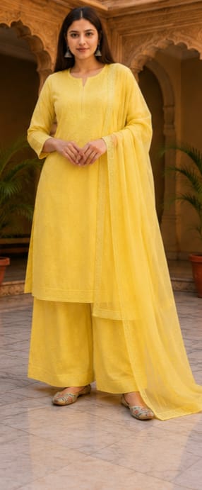 Ruaati Women Yellow Mul Chanderi Chickankari Palazzo Set with Dupatta