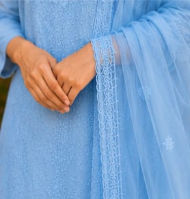 Ruaati Women Sky Blue Mul Chanderi Chickankari Palazzo Set with Dupatta