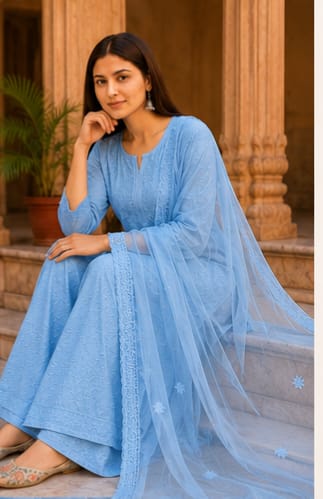 Ruaati Women Sky Blue Mul Chanderi Chickankari Palazzo Set with Dupatta