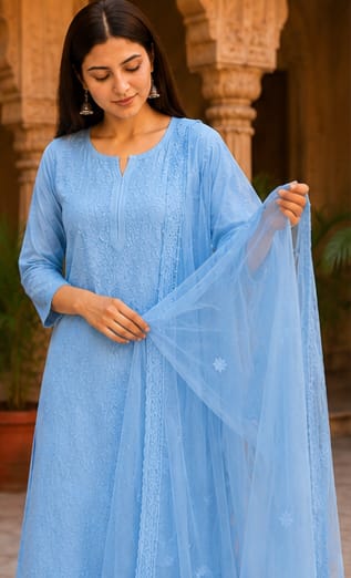 Ruaati Women Sky Blue Mul Chanderi Chickankari Palazzo Set with Dupatta