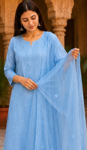 Ruaati Women Sky Blue Mul Chanderi Chickankari Palazzo Set with Dupatta