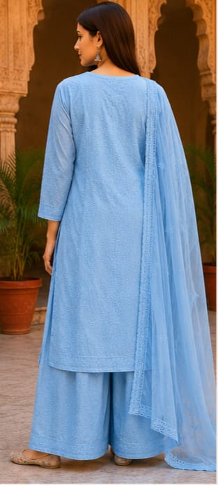 Ruaati Women Sky Blue Mul Chanderi Chickankari Palazzo Set with Dupatta