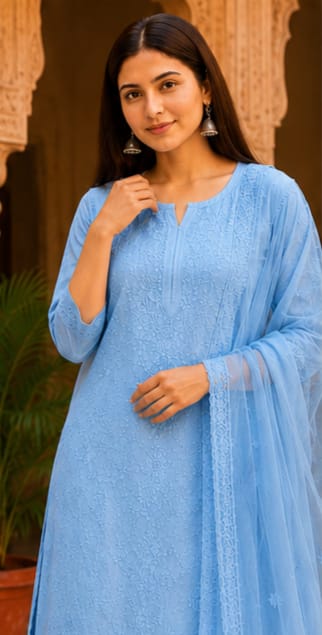 Ruaati Women Sky Blue Mul Chanderi Chickankari Palazzo Set with Dupatta
