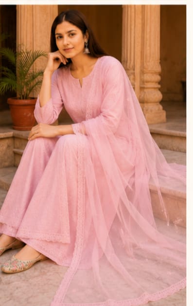 Ruaati Premium Pink Mul Chanderi Embroidered Suit Set with Palazzo & Dupatta