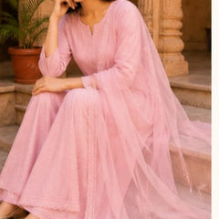 Ruaati Premium Pink Mul Chanderi Embroidered Suit Set with Palazzo & Dupatta