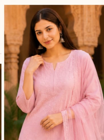 Ruaati Premium Pink Mul Chanderi Embroidered Suit Set with Palazzo & Dupatta