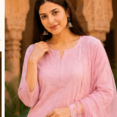 Ruaati Premium Pink Mul Chanderi Embroidered Suit Set with Palazzo & Dupatta
