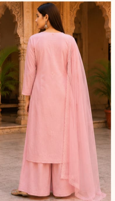 Ruaati Premium Pink Mul Chanderi Embroidered Suit Set with Palazzo & Dupatta