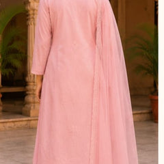 Ruaati Premium Pink Mul Chanderi Embroidered Suit Set with Palazzo & Dupatta
