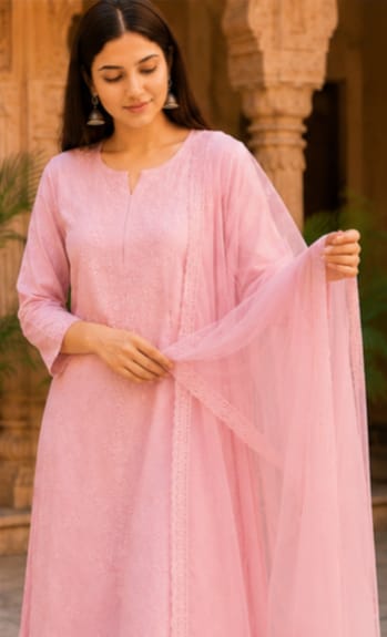 Ruaati Premium Pink Mul Chanderi Embroidered Suit Set with Palazzo & Dupatta