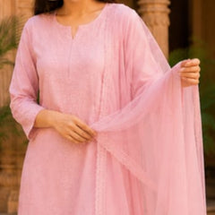 Ruaati Premium Pink Mul Chanderi Embroidered Suit Set with Palazzo & Dupatta