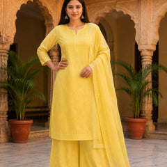 Ruaati Premium Yellow Mul Chanderi Embroidered Suit Set with Palazzo & Dupatta