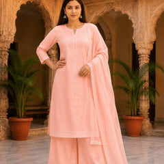 Ruaati Premium Peach Mul Chanderi Embroidered Suit Set with Palazzo & Dupatta
