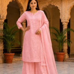 Ruaati Premium Pink Mul Chanderi Embroidered Suit Set with Palazzo & Dupatta