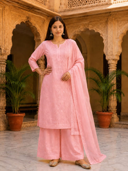 Ruaati Premium Pink Mul Chanderi Embroidered Suit Set with Palazzo & Dupatta
