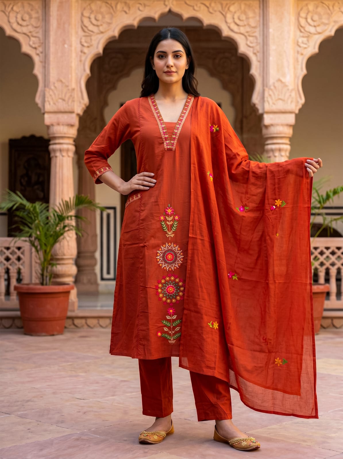 Ruaati Women's Rust Orange Embroidered Cotton Kurta Pant with Embroidered Dupatta | Straight Fit Ethnic Suit Set | Festive & Casual Wear