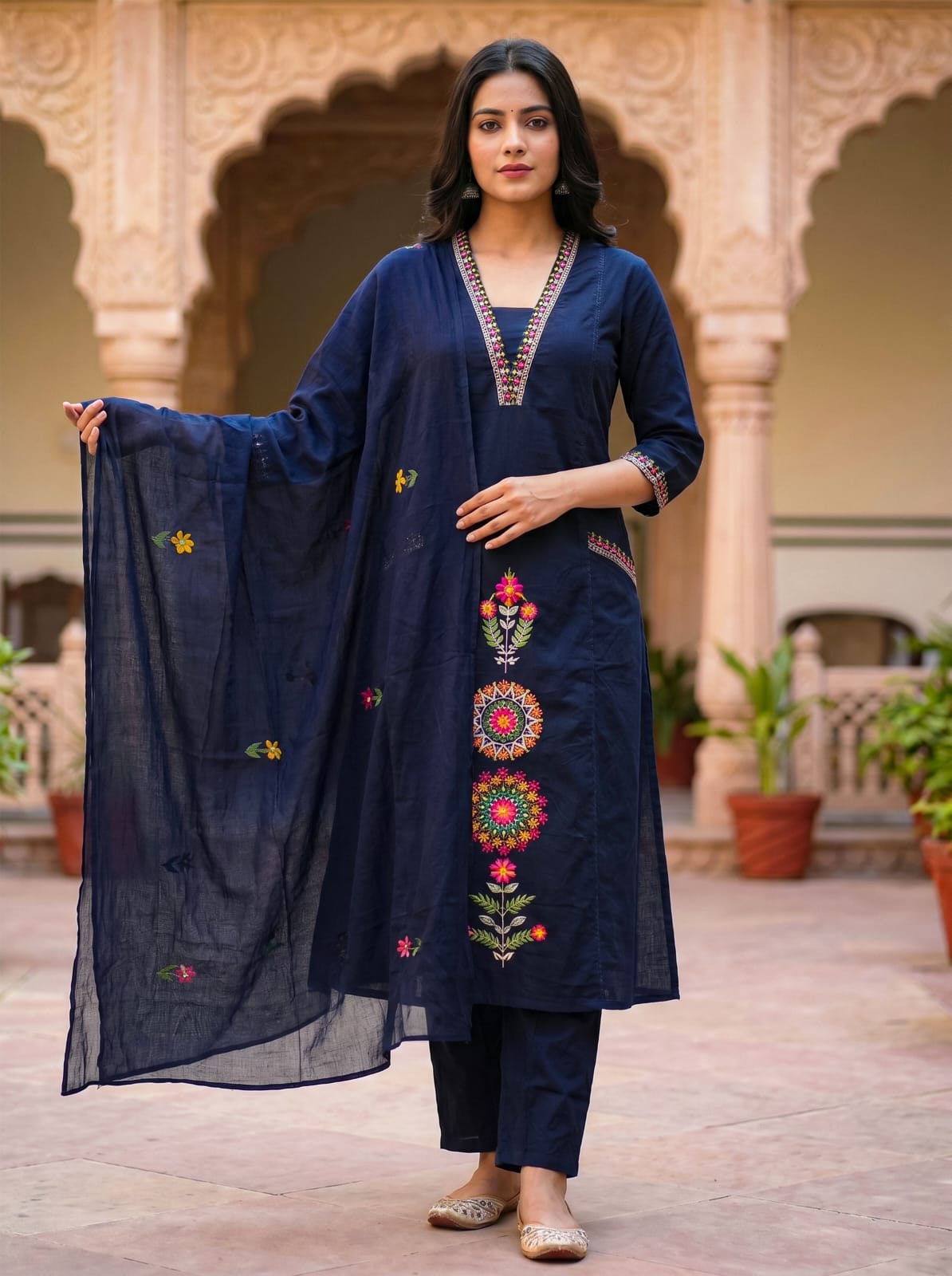 Ruaati Women's Navy Blue Embroidered Cotton Kurta Pant with Embroidered Dupatta | Ethnic Straight Kurta Set | Festive & Casual Wear