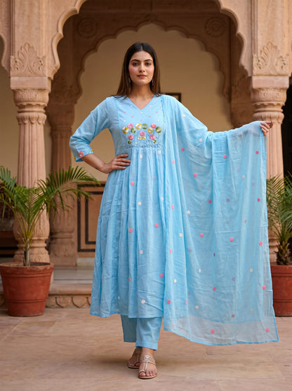 Ruaati Women Mul Cotton Blue Embroidered Kurta Set with Dupatta for Festive Wear