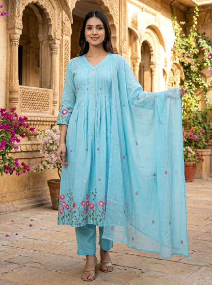 Ruaati Women's Sky Blue Embroidered Mul Cotton A-Line Kurta Pant with Embroidered Dupatta | Floral Ethnic Suit Set | Festive, Casual & Office Wear