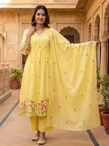 Ruaati Women's Lemon Yellow Embroidered Mul Cotton A-Line Kurta Pant with Embroidered Dupatta | Floral Ethnic Suit Set | Festive, Casual & Office Wear