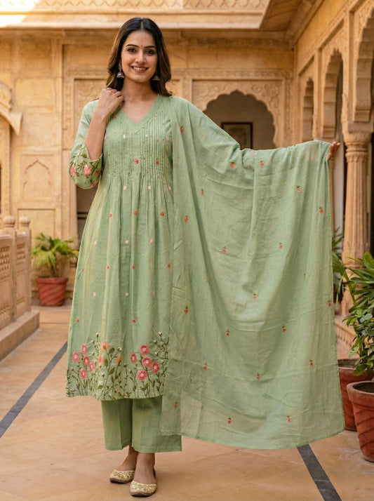 Ruaati Women's Mint Green Embroidered Mul Cotton A-Line Kurta Pant with Embroidered Dupatta | Floral Ethnic Suit Set | Festive & Casual Wear