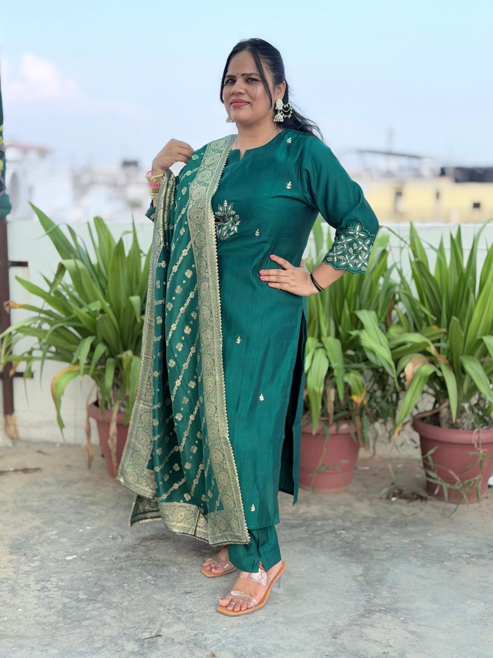 Premium Muslin Silk Suit Set with Heavy Hand Adda Work & Designer Banarasi Dupatta for Women