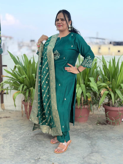 Premium Muslin Silk Suit Set with Heavy Hand Adda Work & Designer Banarasi Dupatta for Women