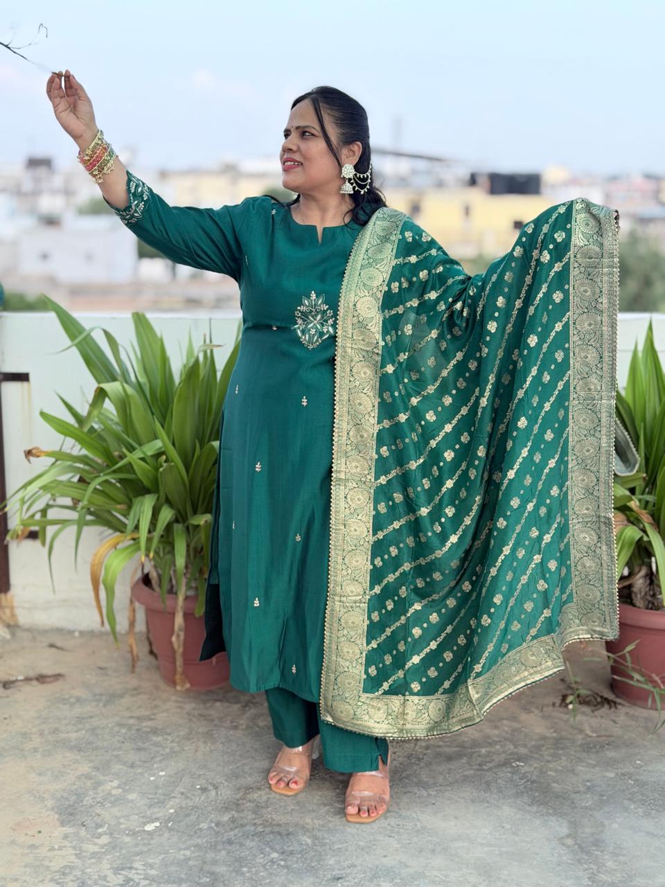 Premium Muslin Silk Suit Set with Heavy Hand Adda Work & Designer Banarasi Dupatta for Women