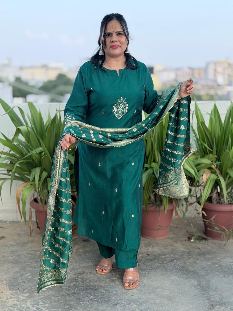 Premium Muslin Silk Suit Set with Heavy Hand Adda Work & Designer Banarasi Dupatta for Women
