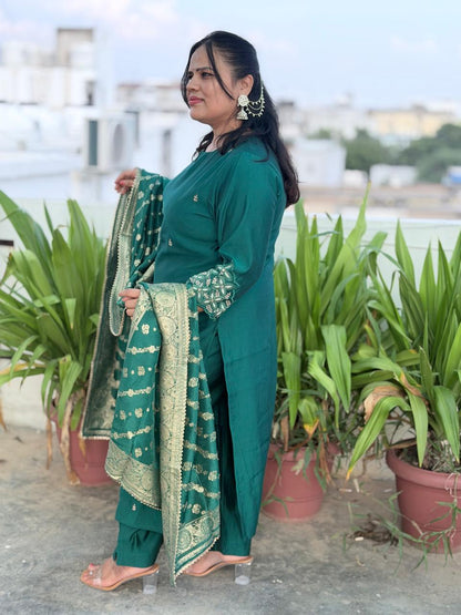 Premium Muslin Silk Suit Set with Heavy Hand Adda Work & Designer Banarasi Dupatta for Women
