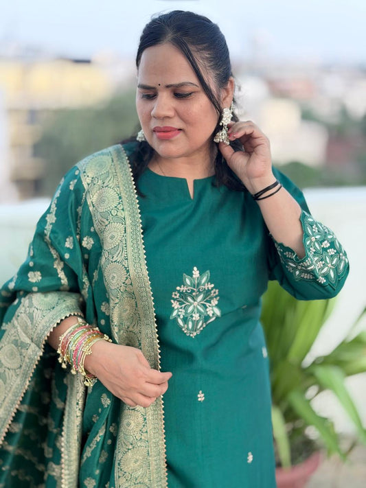 Premium Muslin Silk Suit Set with Heavy Hand Adda Work & Designer Banarasi Dupatta for Women