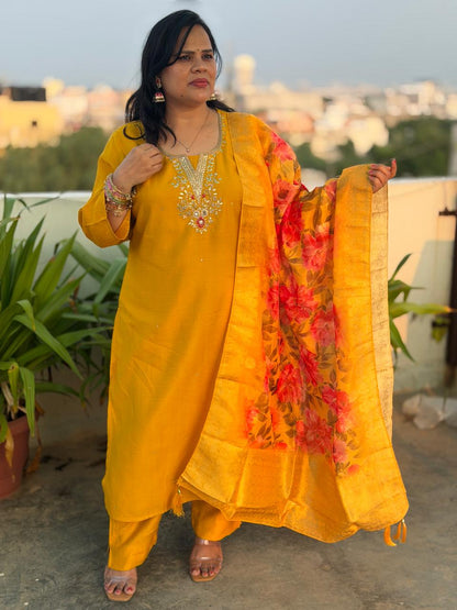 Premium Matka Silk Fabric Lining Attached Heavy Suit Set with Floral Banarasi Dupatta
