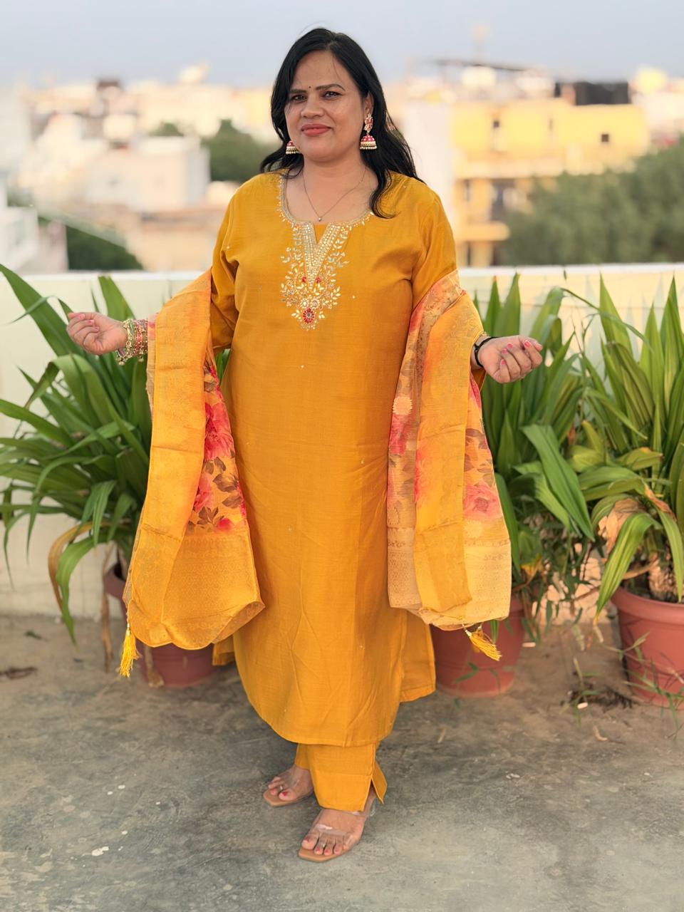 Premium Matka Silk Fabric Lining Attached Heavy Suit Set with Floral Banarasi Dupatta