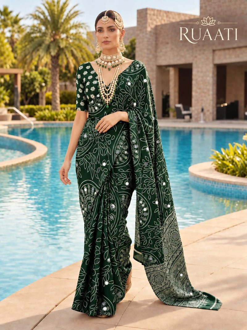 Dark Green Modal Silk Saree with Mirror Work & Designer Border