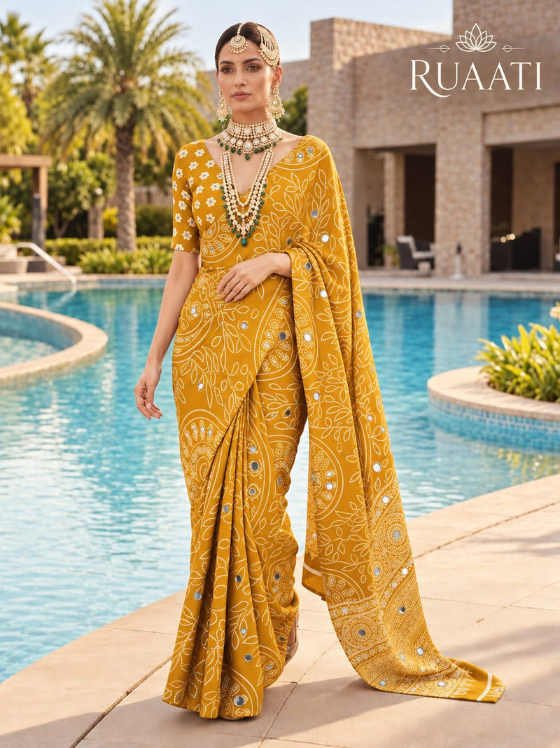 Yellow Modal Silk Saree with Mirror Work & Designer Border