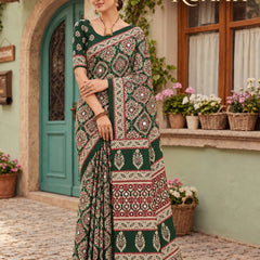 Green Modal Silk Saree with Mirror Work & Designer Border