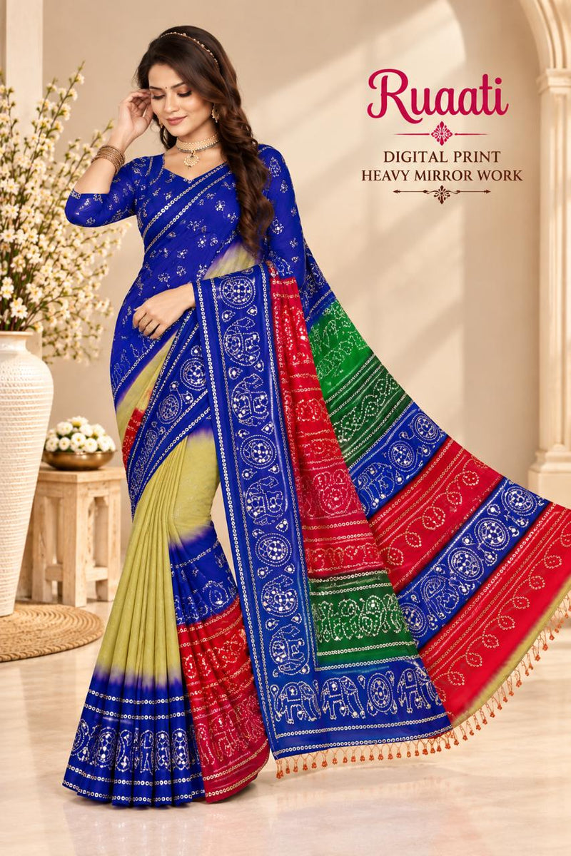 Blue & Red Georgette Saree with Traditional Mirror Embellishments