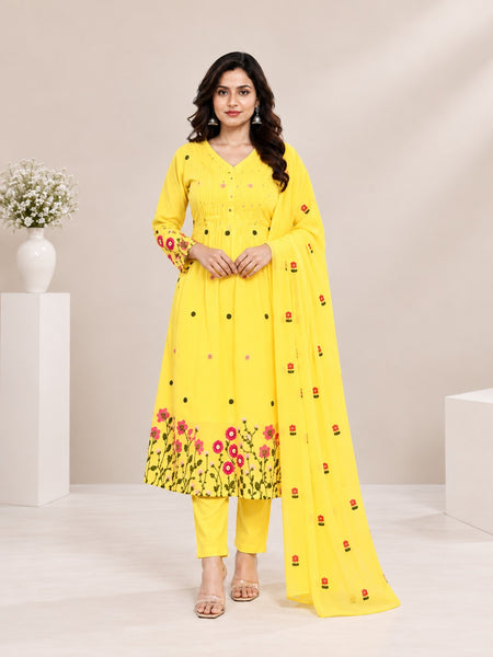 Lemon Yellow Floral Embroidered A-Line Suit Set