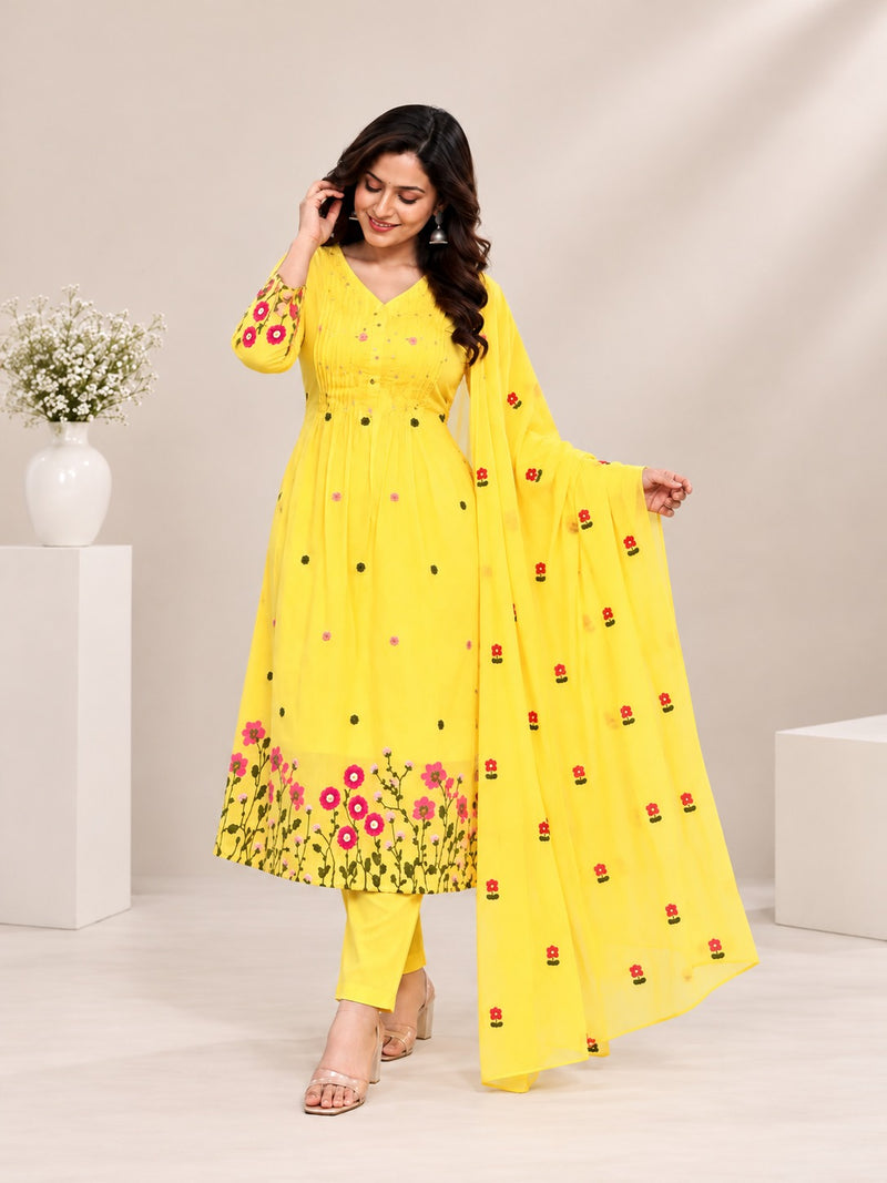 Lemon Yellow Floral Embroidered A-Line Suit Set