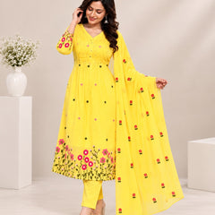 Lemon Yellow Floral Embroidered A-Line Suit Set