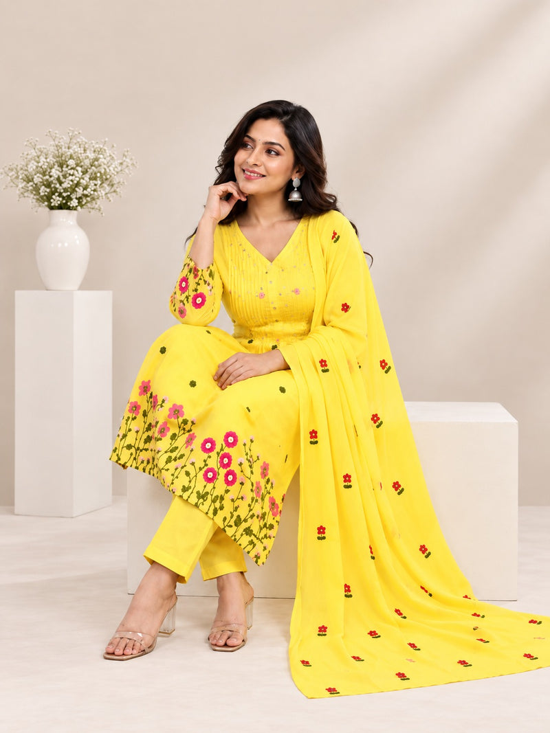 Lemon Yellow Floral Embroidered A-Line Suit Set