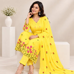 Lemon Yellow Floral Embroidered A-Line Suit Set