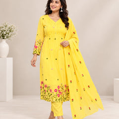 Lemon Yellow Floral Embroidered A-Line Suit Set