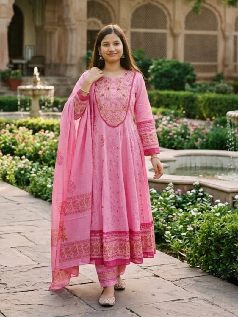 Pink Floral Printed Anarkali Set
