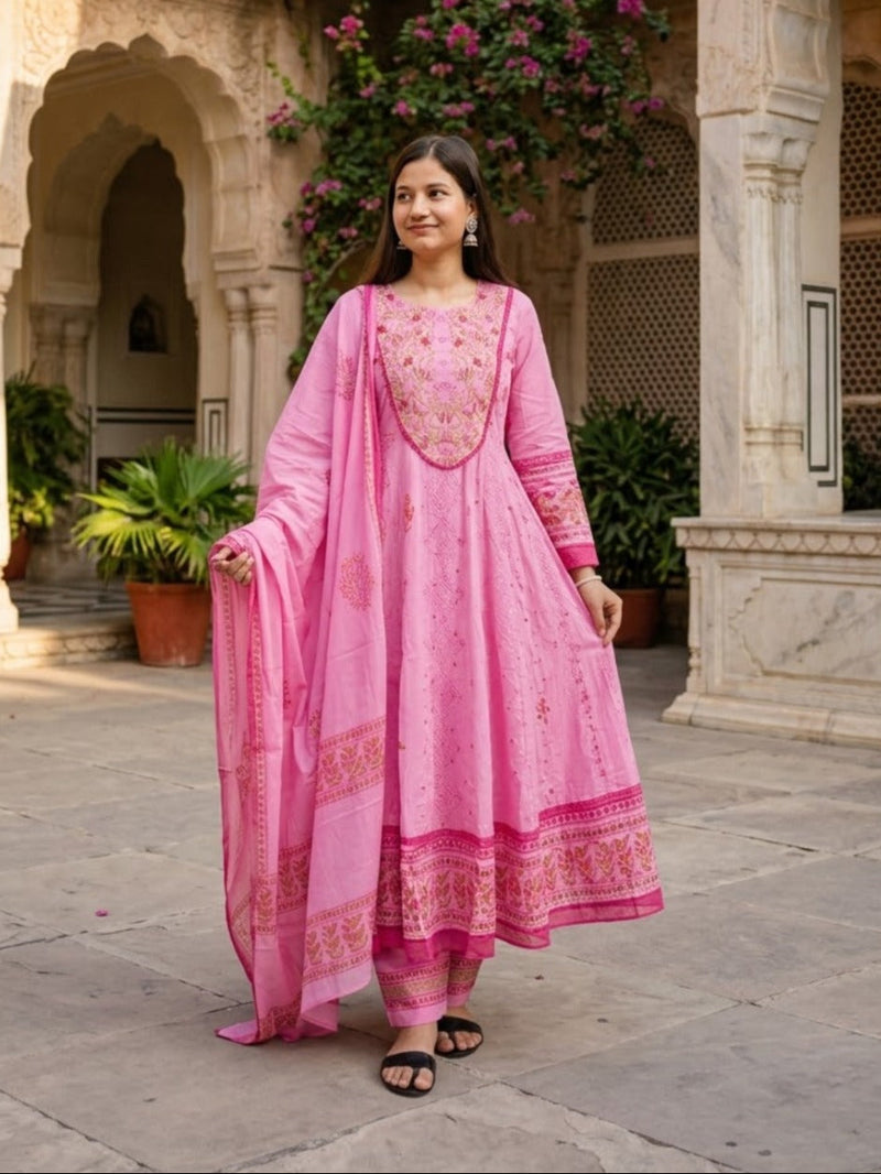 Pink Floral Printed Anarkali Set