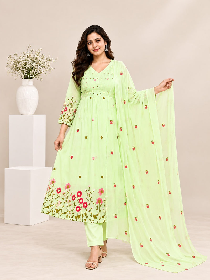 Mint Green Floral Embroidered A-Line Suit Set