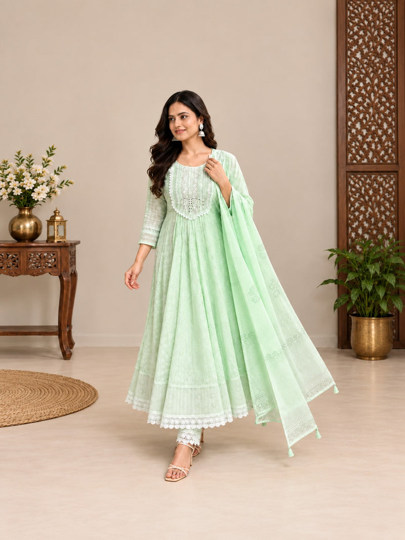 Mint Green Embroidered Mul Cotton Anarkali Set