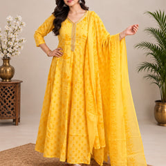 Yellow Floral Embroidered Mul Cotton Anarkali Set