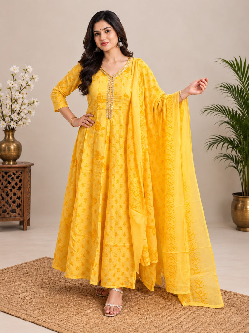 Yellow Floral Embroidered Mul Cotton Anarkali Set