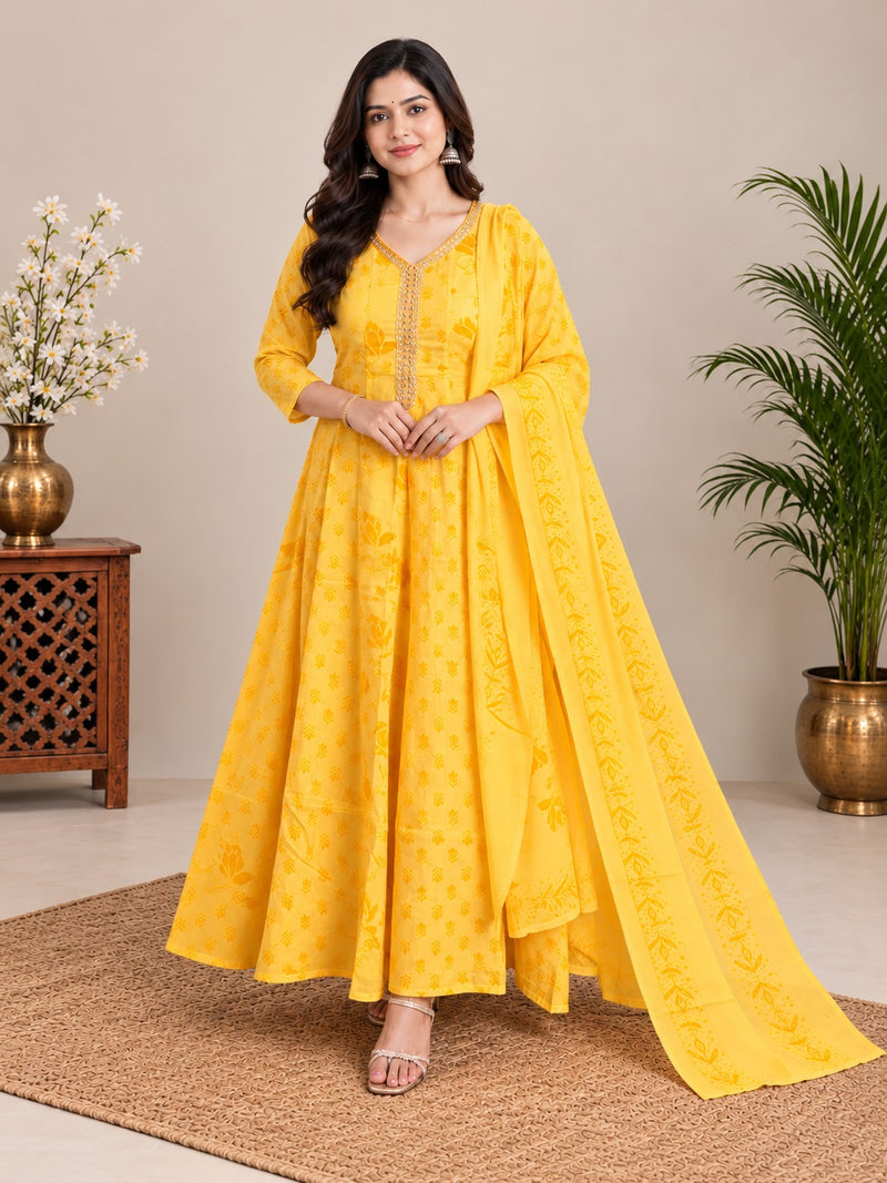 Yellow Floral Embroidered Mul Cotton Anarkali Set
